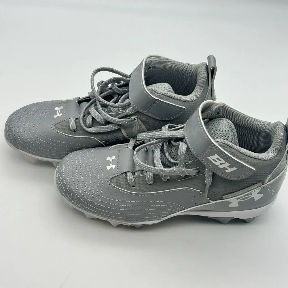 Under Armour Boys Baseball Cleats Gray White Mid Top Size 3.5Y Hook Loop